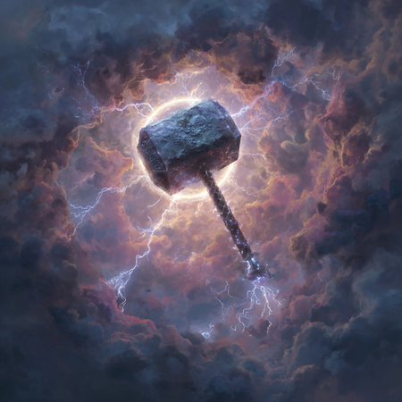 Conceptual image of a hammer in a stormy sky.の素材