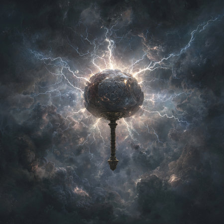 Conceptual image with a planet in the center of a stormy skyの素材