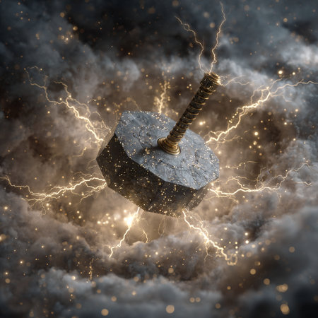 Hammer with lightning in the night sky. 3D illustrations.の素材