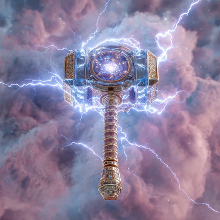 A 3D render of a hammer on a stormy sky backgroundの素材