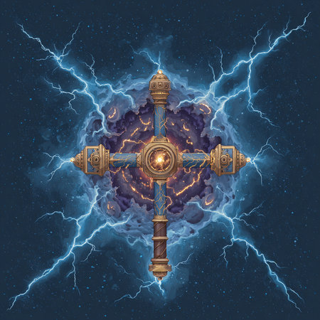 Vector illustration of a Celtic cross on a dark blue background with lightning.の素材