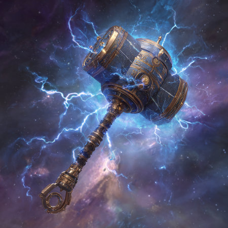 Digital illustration of a medieval gavel in a dark space with lightningの素材