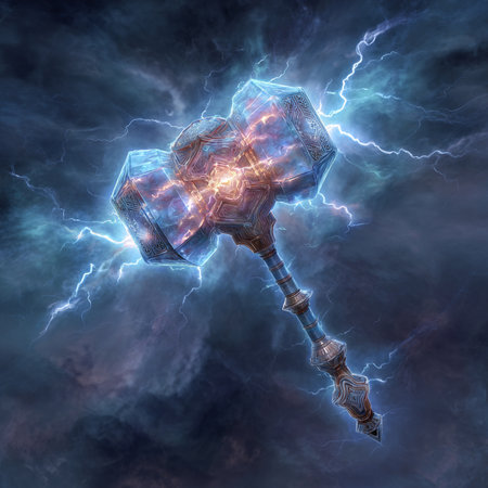 Conceptual image with a hammer and lightning in the dark skyの素材