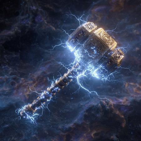 Conceptual image with hammer and lightning. 3D rendering.の素材