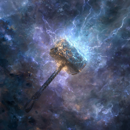 Hammer and lightning in the night sky. 3D illustrations.の素材