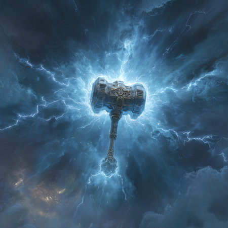 Hammer of justice in the stormy sky. 3D renderingの素材