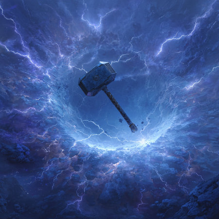 Digital illustration of a hammer in a stormy sky with lightning.の素材