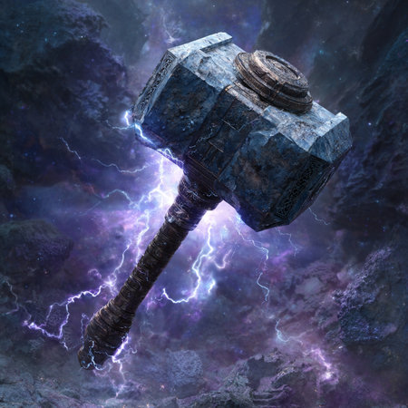 Hammer in space surrounded by stars and lightning. 3D renderingの素材