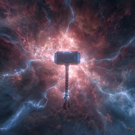 Digital illustration of a hammer in a stormy sky with lightning in the backgroundの素材