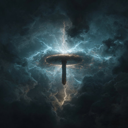 Futuristic UFO in dark stormy clouds. 3D renderingの素材