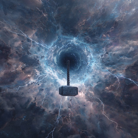Conceptual image with a hammer in the center of the planetの素材