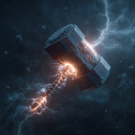 Conceptual image of a hammer hitting the ground. 3D renderingの素材