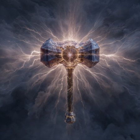 Ax in the sky with lightning and storm clouds. 3D illustrations.の素材