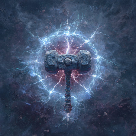 Hammer and lightning on a dark blue background. 3D renderingの素材