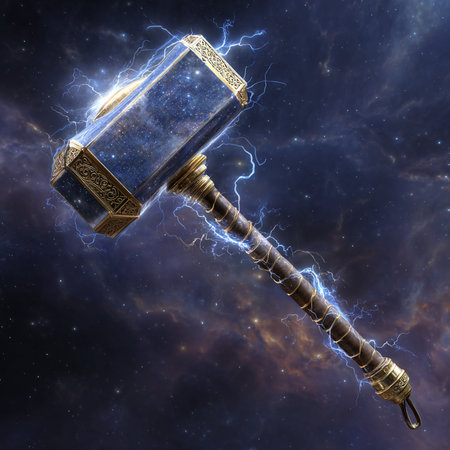 Hammer with lightning in the night sky. 3D illustrations.の素材
