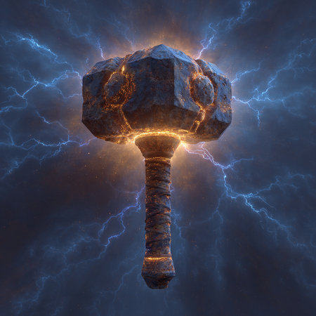 Hammer breaking through the ground with lightning in the background. 3D renderingの素材