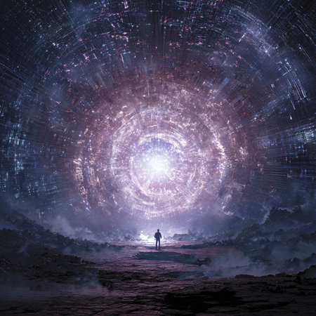 Man standing in the middle of a tunnel of stars and nebulaの素材