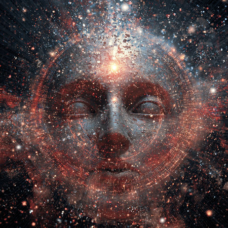 Cyborg face in space, computer generated abstract background, 3D renderingの素材