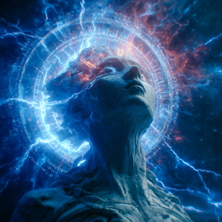 3D rendering of a female alien on a blue background with a flash of lightningの素材