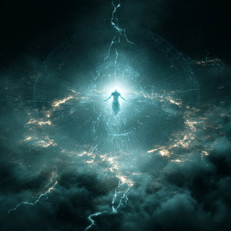 A man in a dark stormy space. 3D rendering.の素材