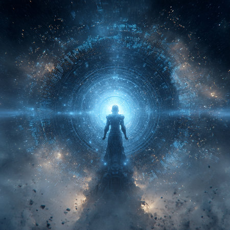 Man standing in futuristic space. 3D rendering. Virtual reality.の素材