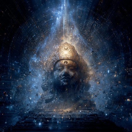 Buddha statue in space with stars and nebula. 3D renderingの素材