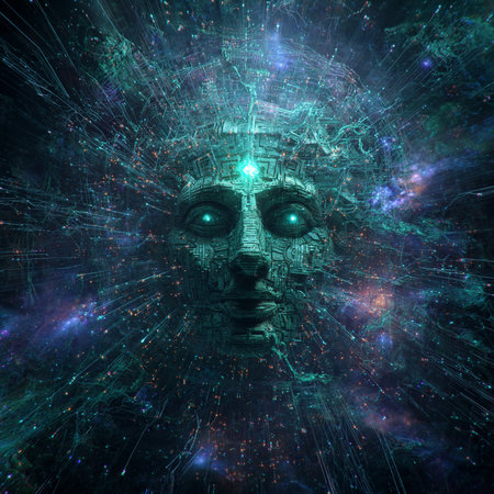 Cyborg face in space, computer generated abstract background, 3D renderingの素材