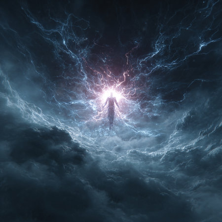 Fantasy image of a man in a night sky with lightning.の素材