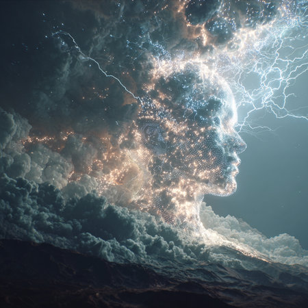 Abstract image of a human head with lightning. 3D Renderingの素材