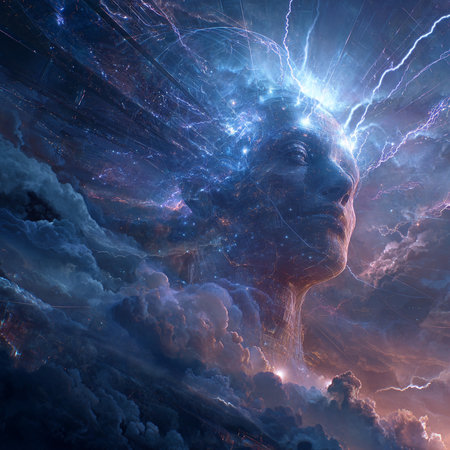 Cyborg head with lightning in the background. 3D rendering.の素材