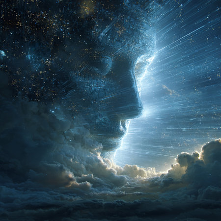 Cyborg head in deep space with stars and clouds 3D renderingの素材