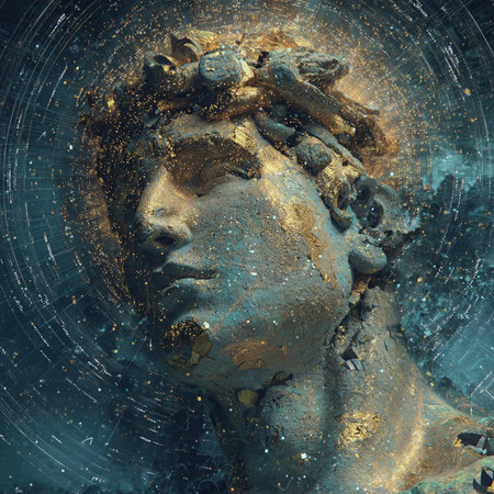 The face of the ancient Greek god Mercury in space. 3D renderingの素材