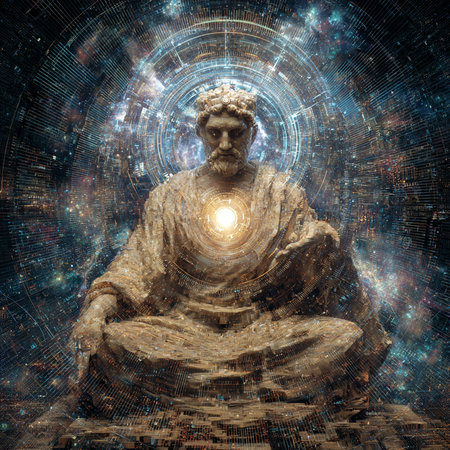 Ancient Buddha in cosmic space. Sacred geometry. 3D rendering.の素材
