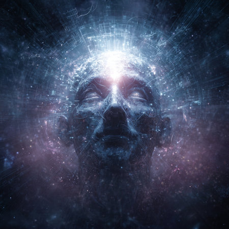 Cyborg head in dark space. Artificial intelligence concept. 3D Renderingの素材