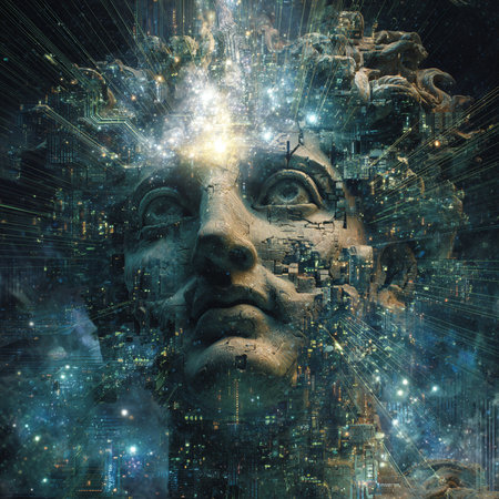 Digital Illustration of a Human Head Surrounded by a Futuristic Cityの素材