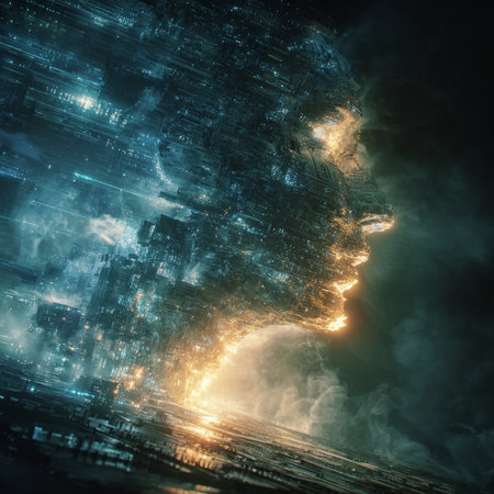 Futuristic city. 3d rendering toned image double exposureの素材