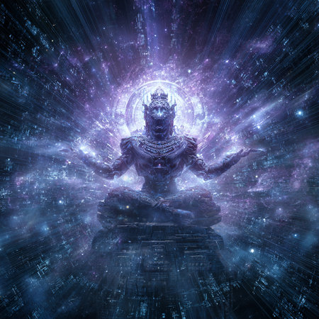 Buddha statue in a cosmic space. 3D illustrations.の素材
