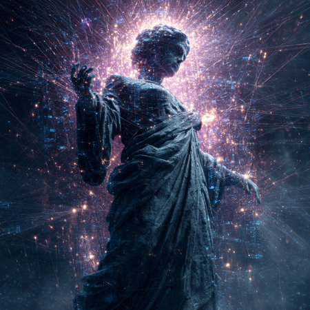 Statue of the Virgin Mary with fireworks in the night sky.の素材