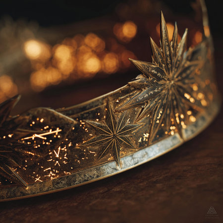 Close-up of a golden crown on a dark background with bokehの素材