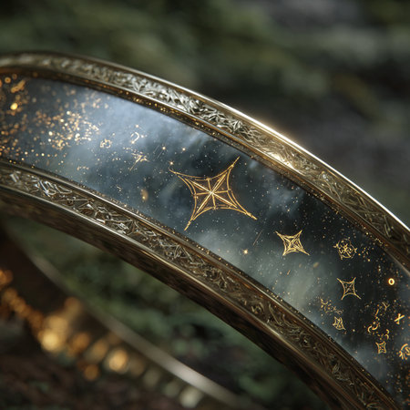 Close-up of a gold wedding ring with a star on itの素材