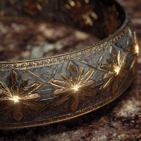 Beautiful golden bracelet on a stone background. Selective focus.の素材