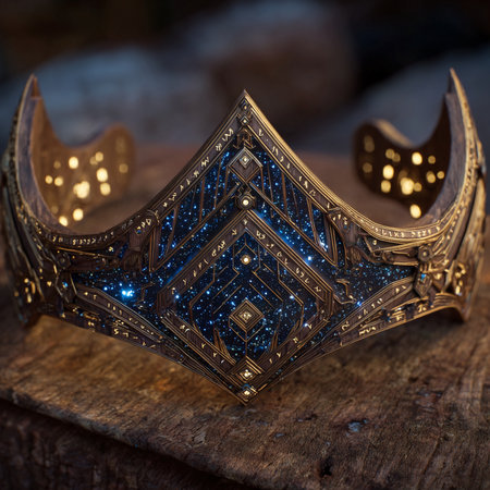 Close up of a beautiful royal crown on a wooden board. Selective focus.の素材