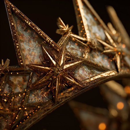 Close-up of a beautiful golden royal crown on a black background.の素材