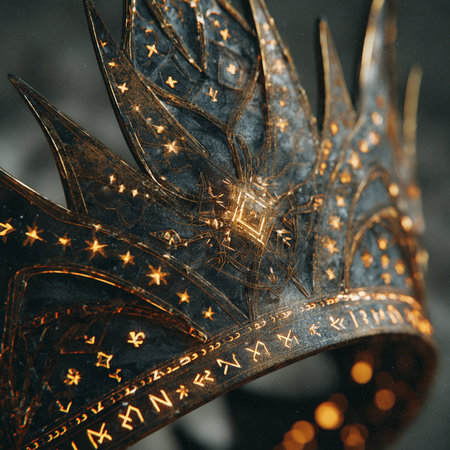 Close up view of golden crown on dark background. Medieval period conceptの素材