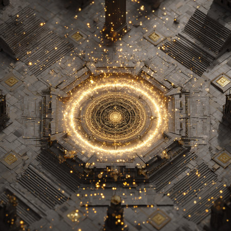 3d illustration of a futuristic city with golden lights in the centerの素材