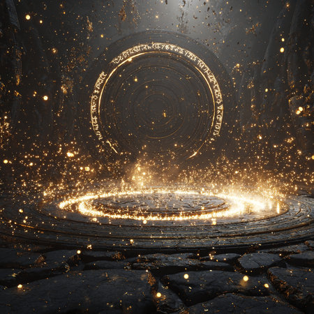 3d render, abstract background, magic portal, neon light, empty stageの素材