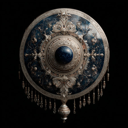 Antique gong isolated on black background. 3d illustration.の素材