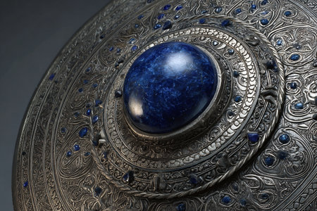 Antique metal bowl with blue sphere on gray background. 3d illustrationの素材