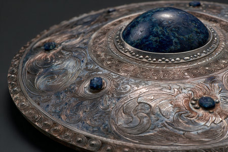 Ancient silver bowl with blue gemstone on black background. Close up.の素材
