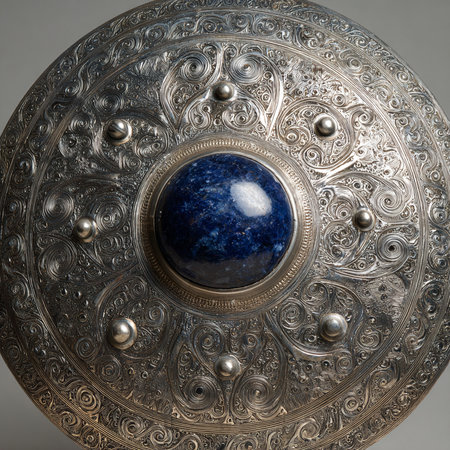 Ancient gong with blue gemstone, closeup of photo.の素材